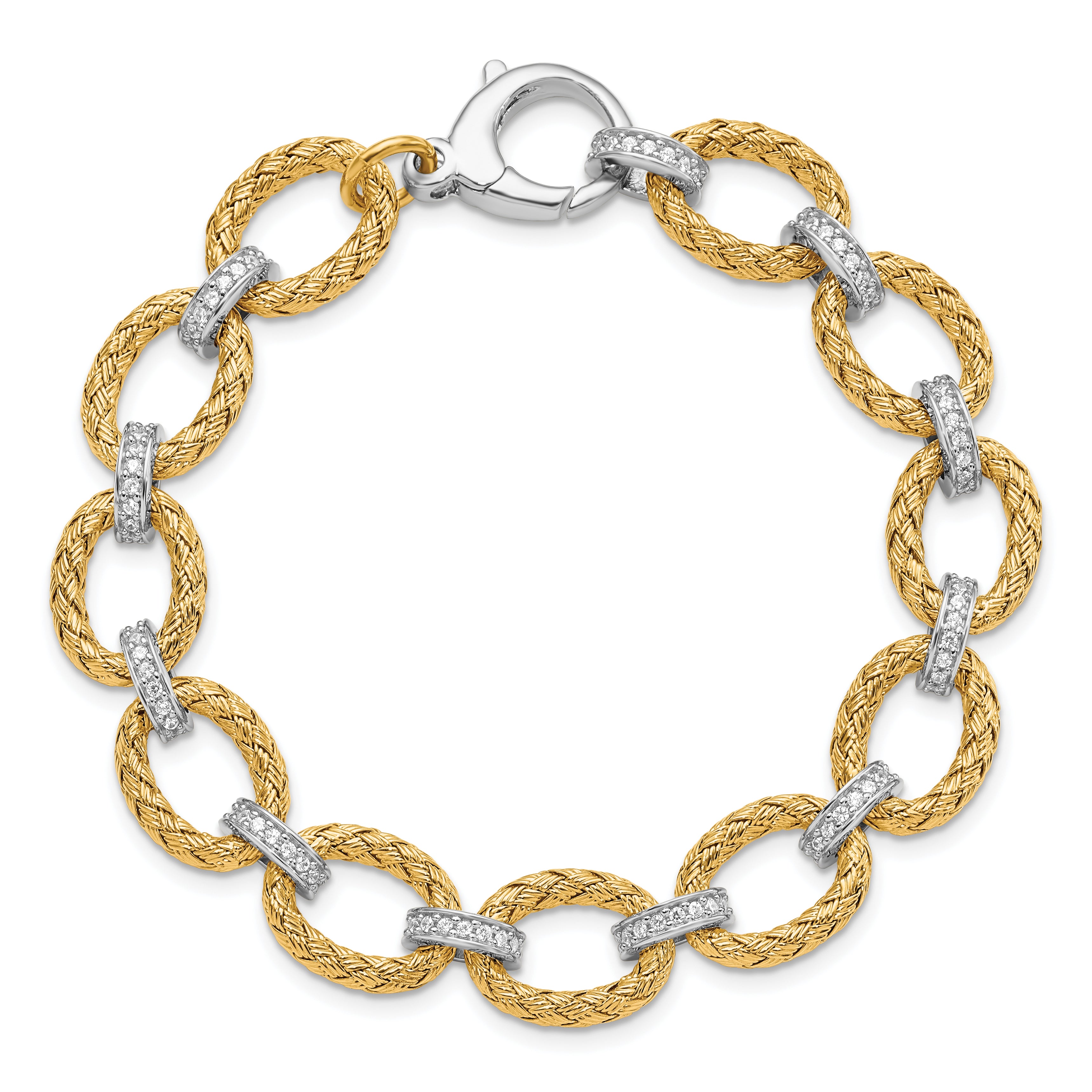 Sterling Silver Rhodium-plated Gold-plated CZ Woven Link Bracelet