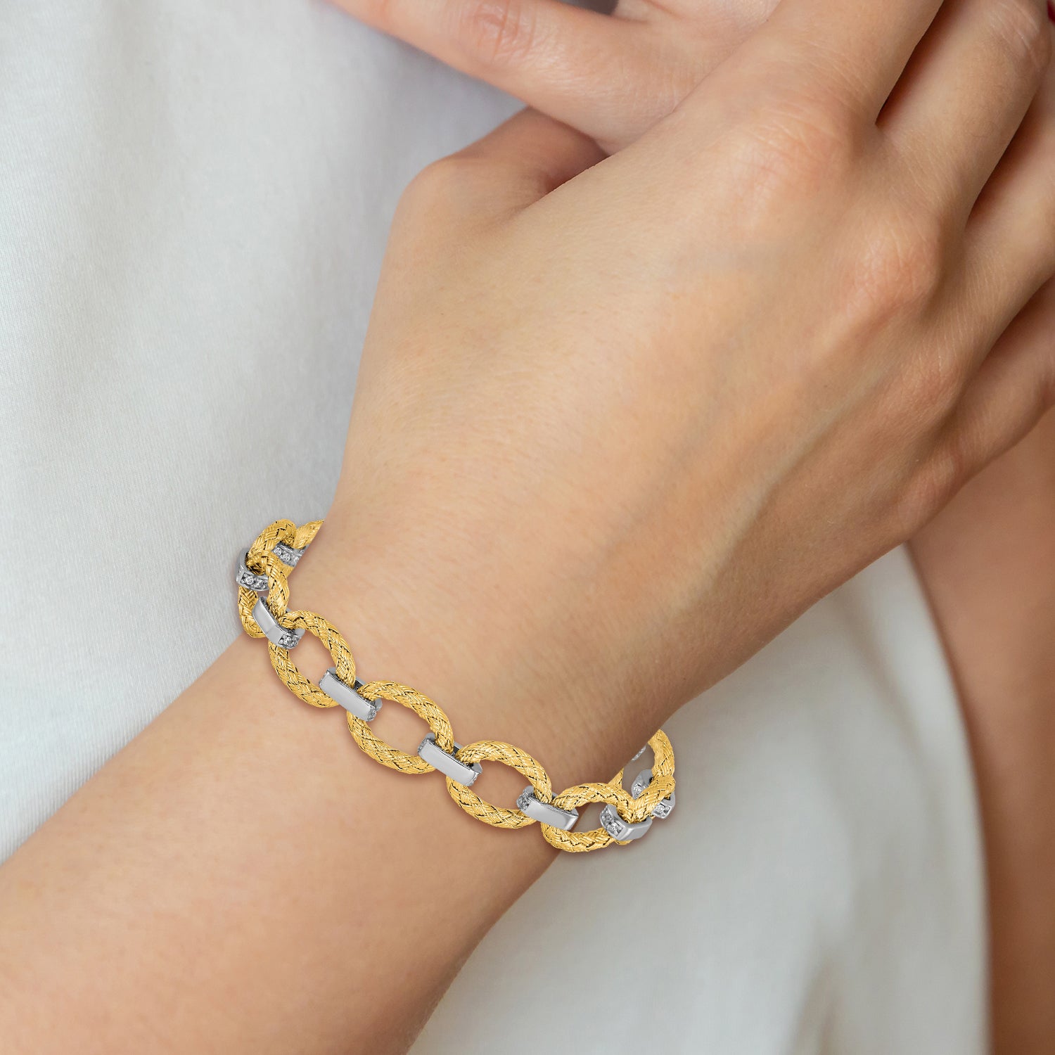 Sterling Silver Rhodium-plated Gold-plated CZ Woven Link Bracelet