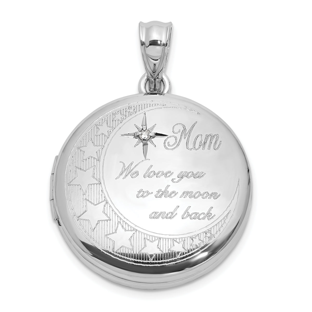 Sterling Silver Rh-plated Diamond 20mm Mom Moon/Stars Round Locket