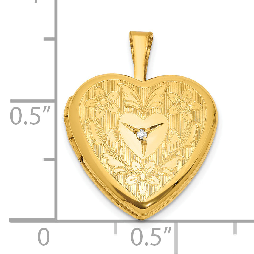 1/20 Gold Filled Polished & Textured Diamond 16mm Floral Heart Locket