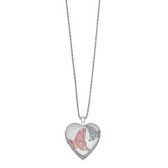 Sterling Silver RH-plated 20mm Enamel Butterflies Heart Locket Necklace - 18
