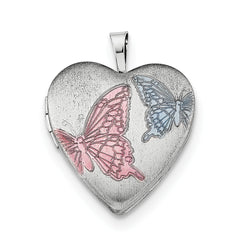 Sterling Silver RH-plated 20mm Enamel Butterflies Heart Locket Necklace - 18