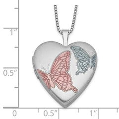 Sterling Silver RH-plated 20mm Enamel Butterflies Heart Locket Necklace - 18