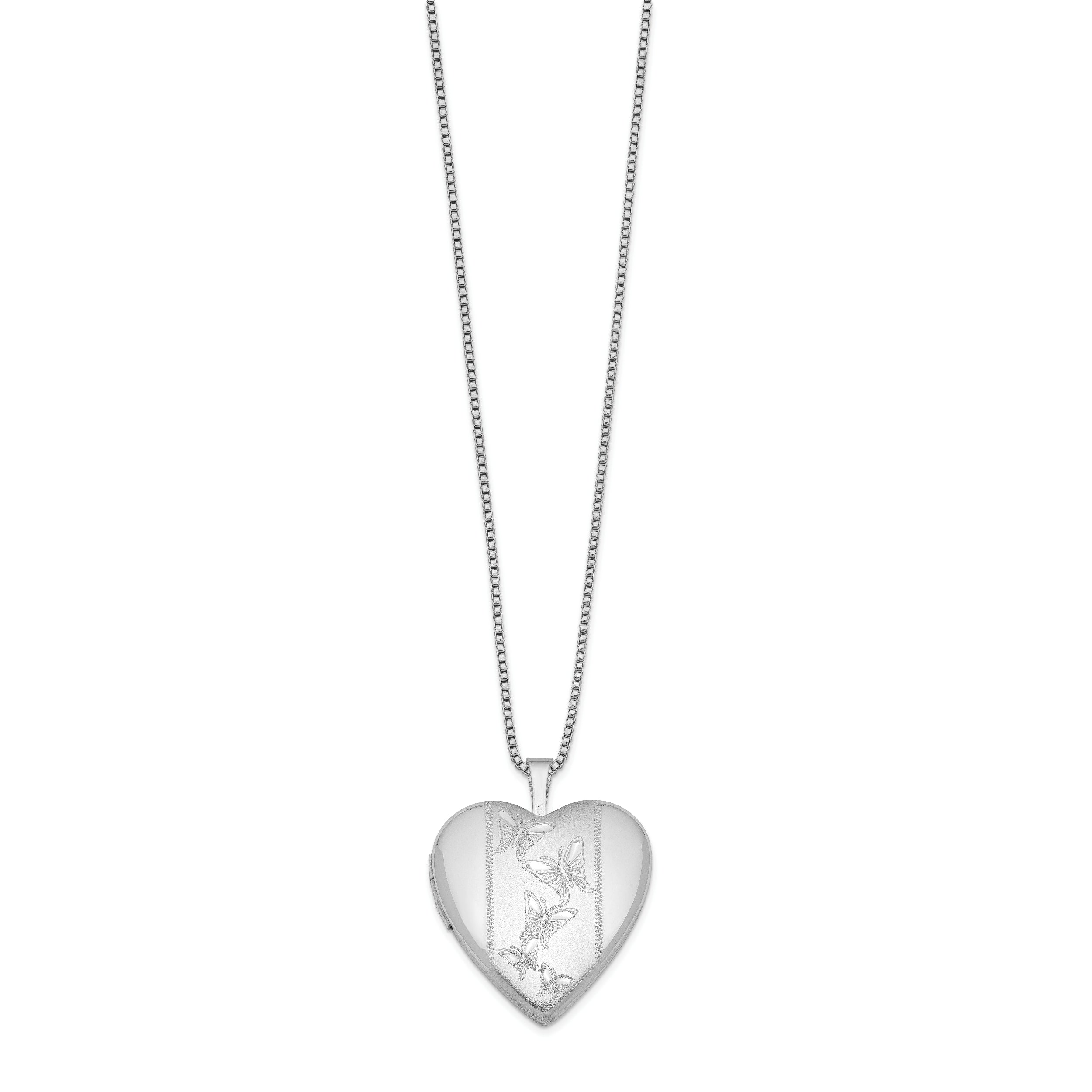 Sterling Silver Rhodium-plated 20mm Butterflies Heart Locket Necklace - 18