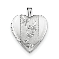 Sterling Silver Rhodium-plated 20mm Butterflies Heart Locket Necklace - 18