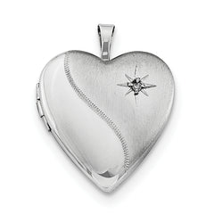 Sterling Silver Rhodium-plated 20mm Satin Diamond Heart Locket Necklace - 18