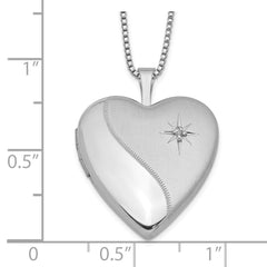 Sterling Silver Rhodium-plated 20mm Satin Diamond Heart Locket Necklace - 18