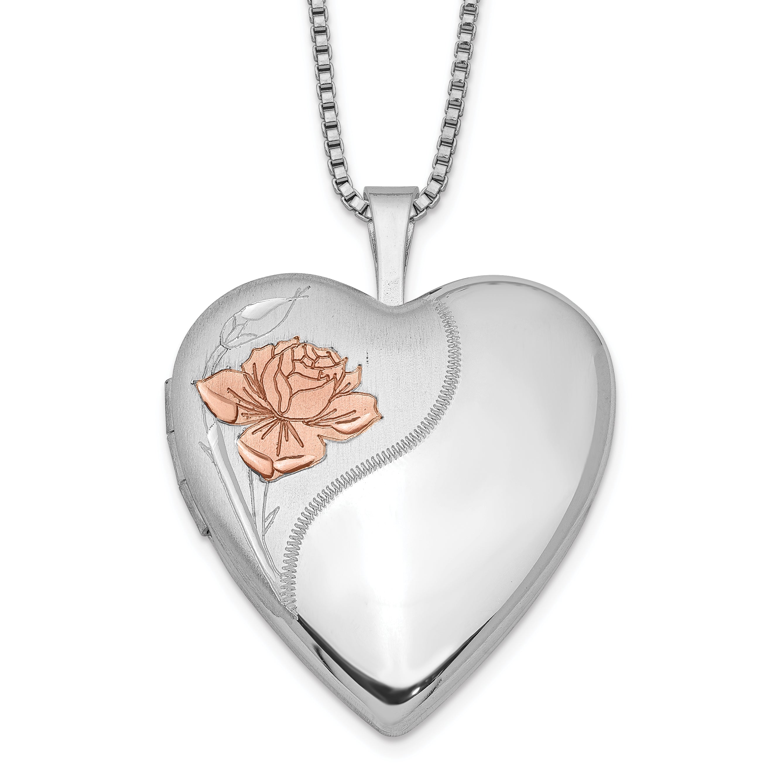 Sterling Silver Rhodium-plated 20mm Enamel Rose Heart Locket Necklace