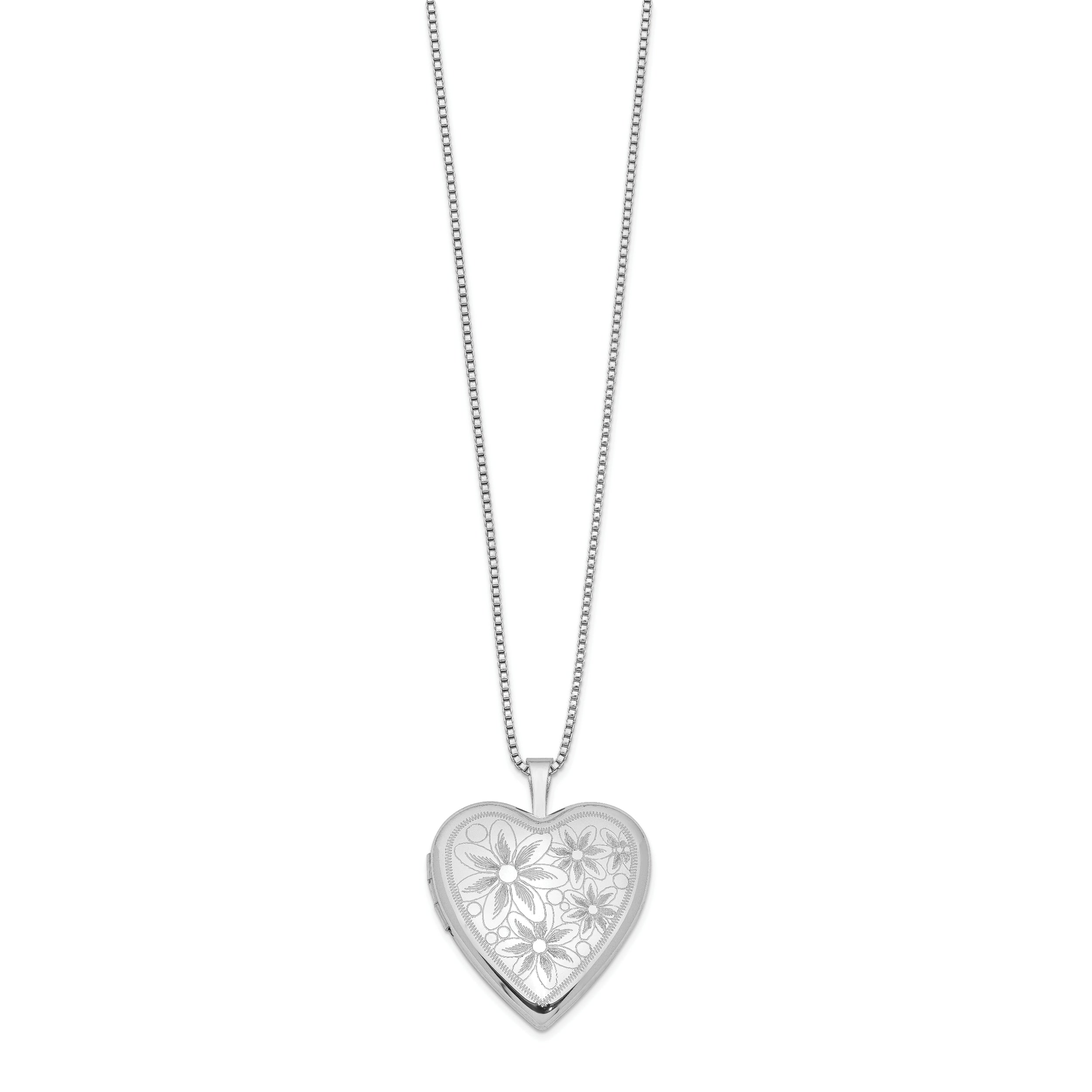Sterling Silver Rhodium-plated 20mm with Daisies Heart Locket Necklace - 18