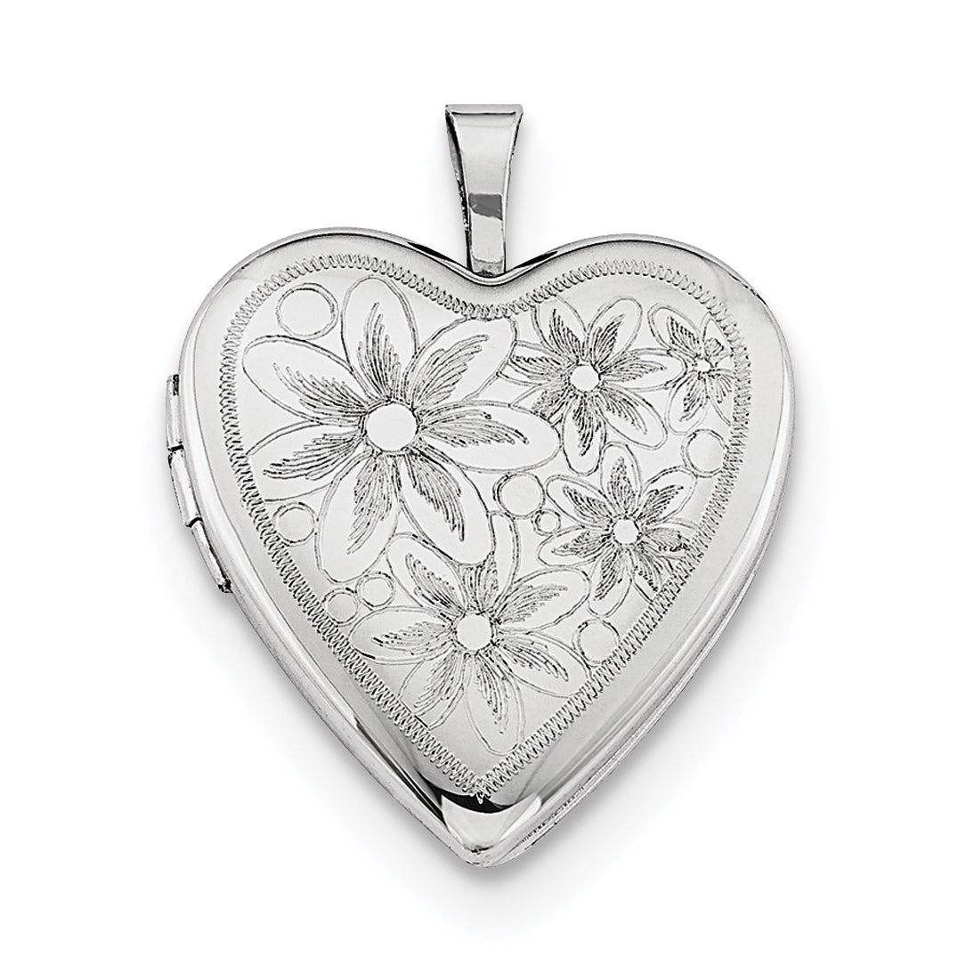 Sterling Silver Rhodium-plated 20mm with Daisies Heart Locket Necklace - 18