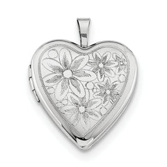 Sterling Silver Rhodium-plated 20mm with Daisies Heart Locket Necklace - 18