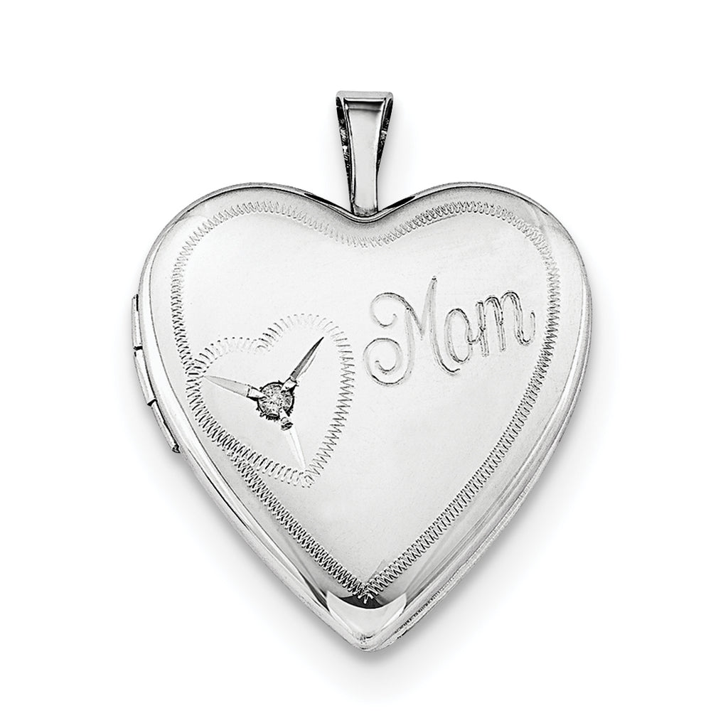 Sterling Silver Rhodium-plated 20mm Mom Diamond Heart Locket Necklace