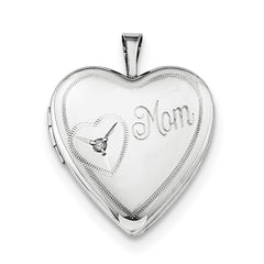 Sterling Silver Rhodium-plated 20mm Mom Diamond Heart Locket Necklace - 18