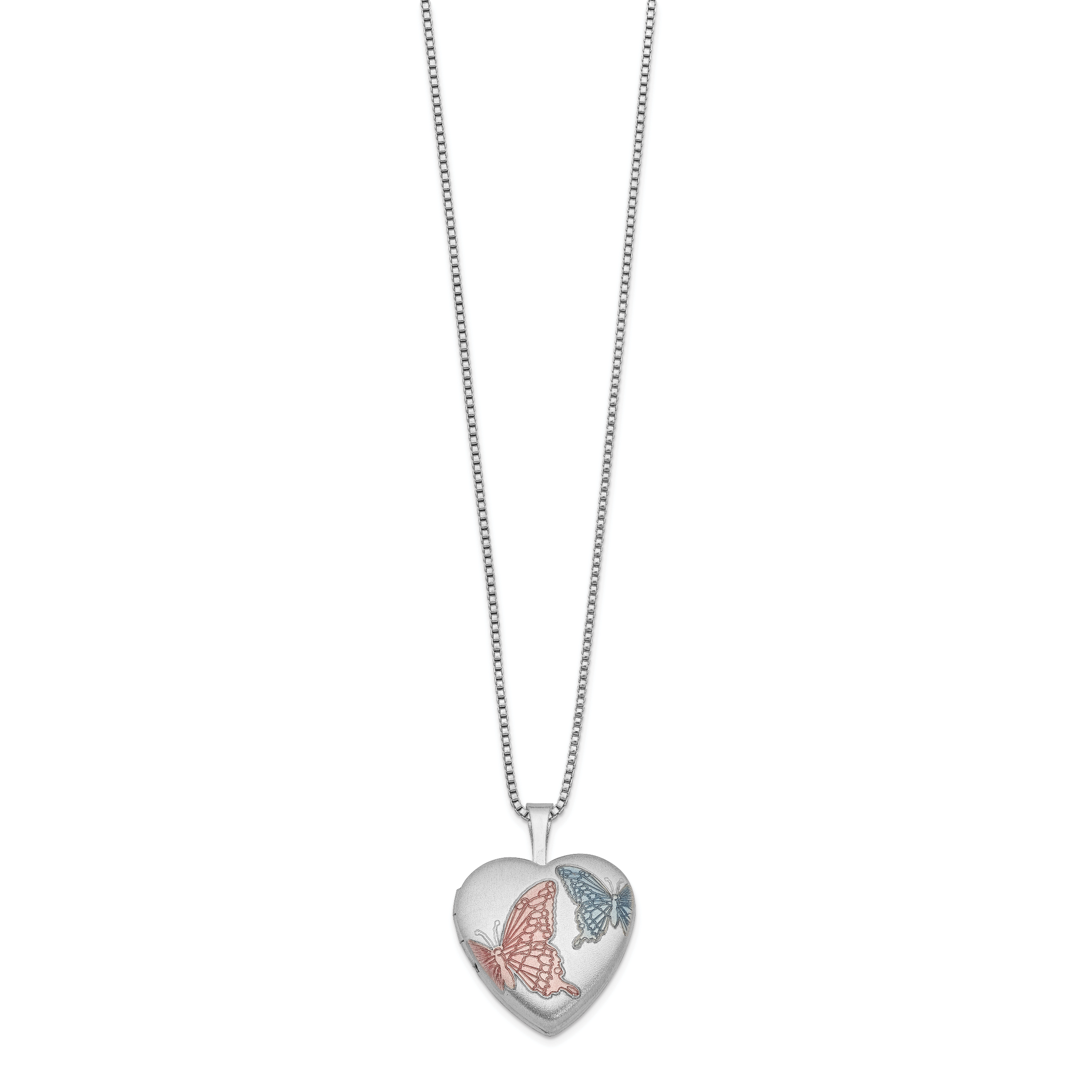 Sterling Silver RH-plated 16mm Satin Enamel Butterfly Heart Locket Necklace Secondary image