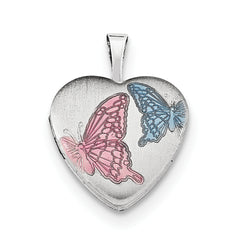 Sterling Silver RH-plated 16mm Satin Enamel Butterfly Heart Locket Necklace - 18