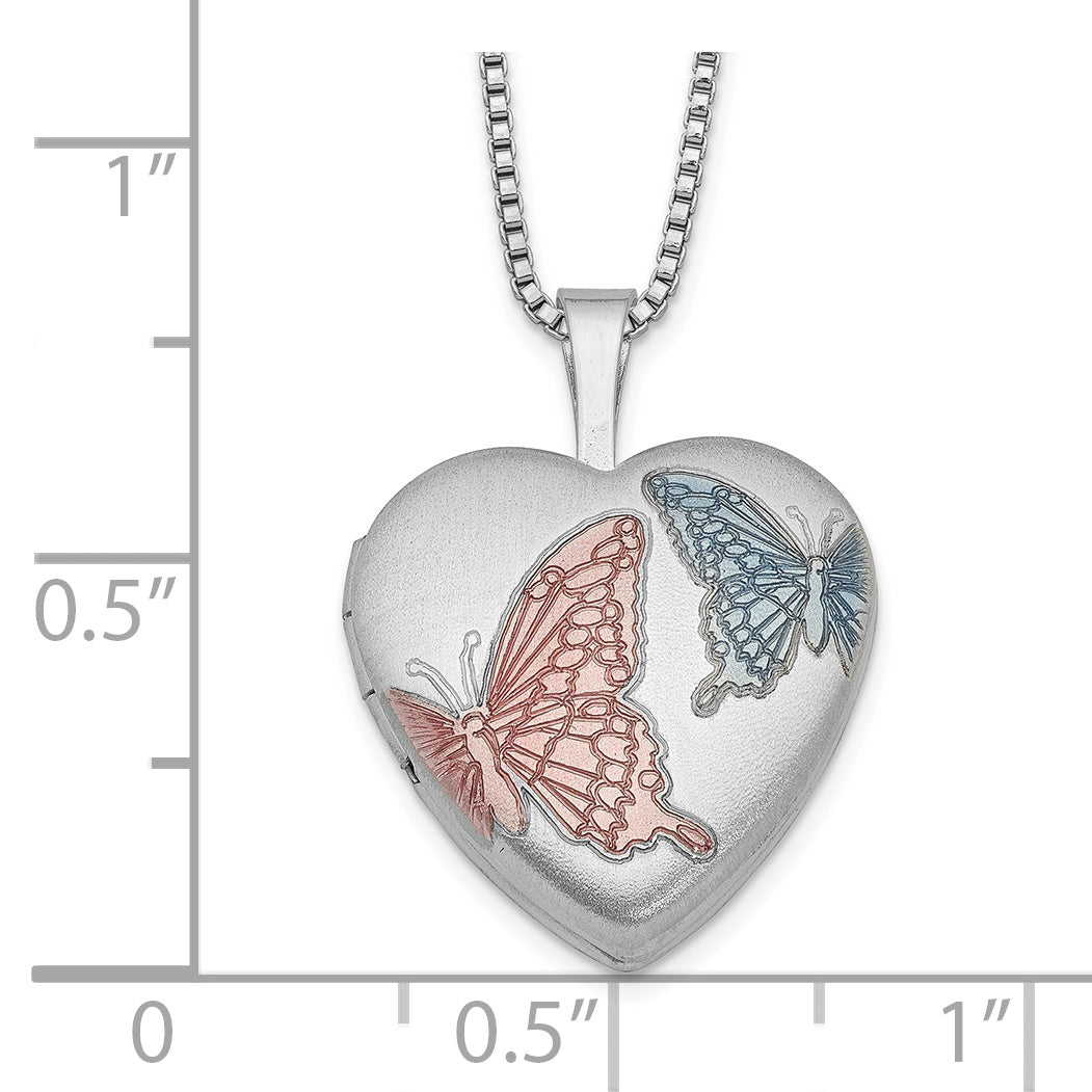 Sterling Silver RH-plated 16mm Satin Enamel Butterfly Heart Locket Necklace - 18
