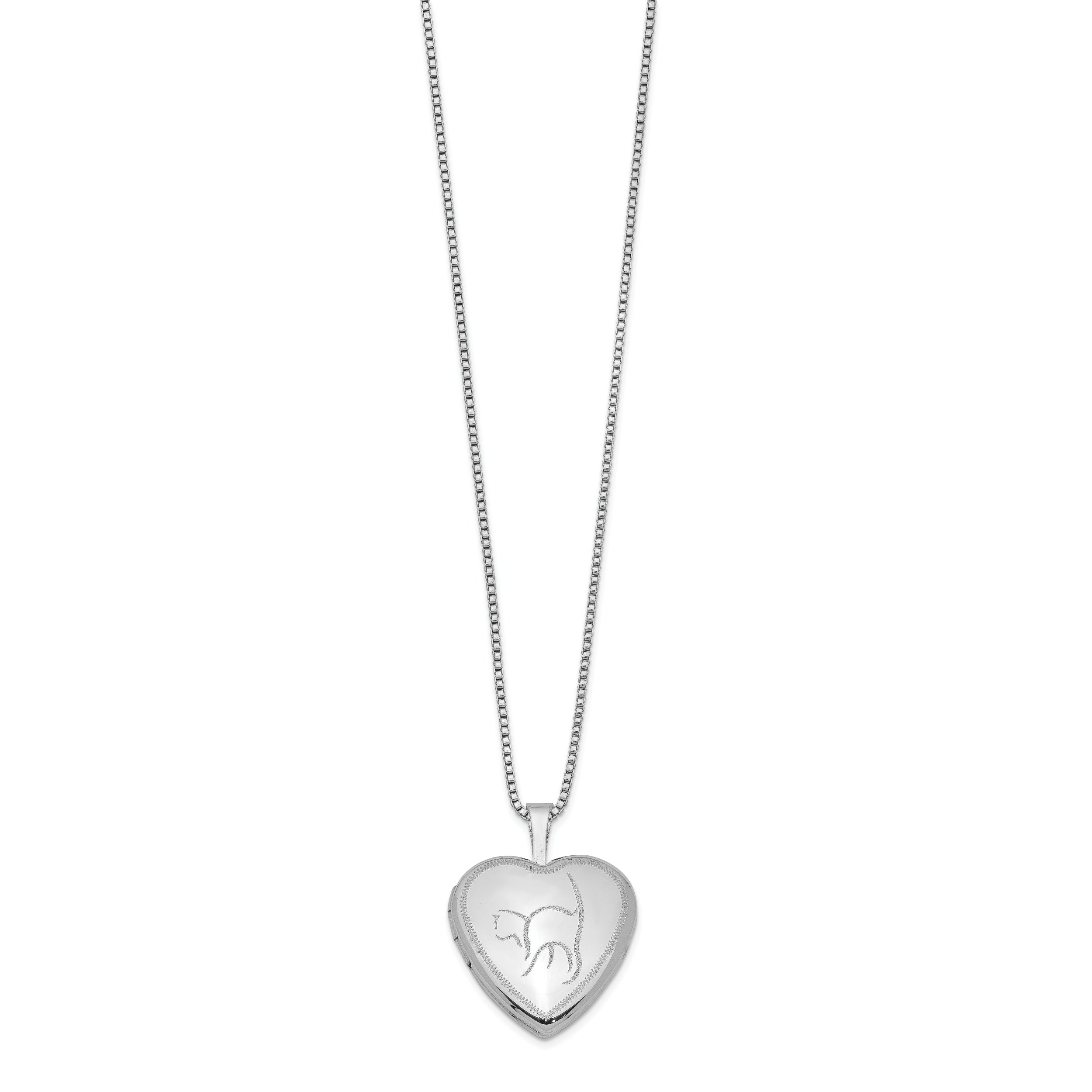 Sterling Silver Rhodium-plated 16mm Cat Heart Locket Necklace - 18