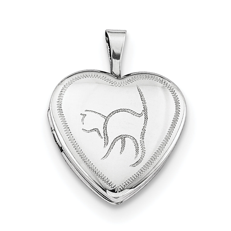 Sterling Silver Rhodium-plated 16mm Cat Heart Locket Necklace - 18
