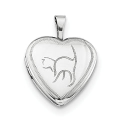 Sterling Silver Rhodium-plated 16mm Cat Heart Locket Necklace - 18