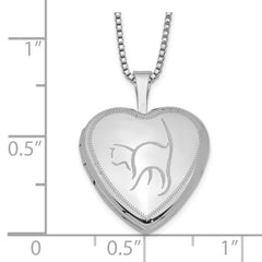 Sterling Silver Rhodium-plated 16mm Cat Heart Locket Necklace - 18