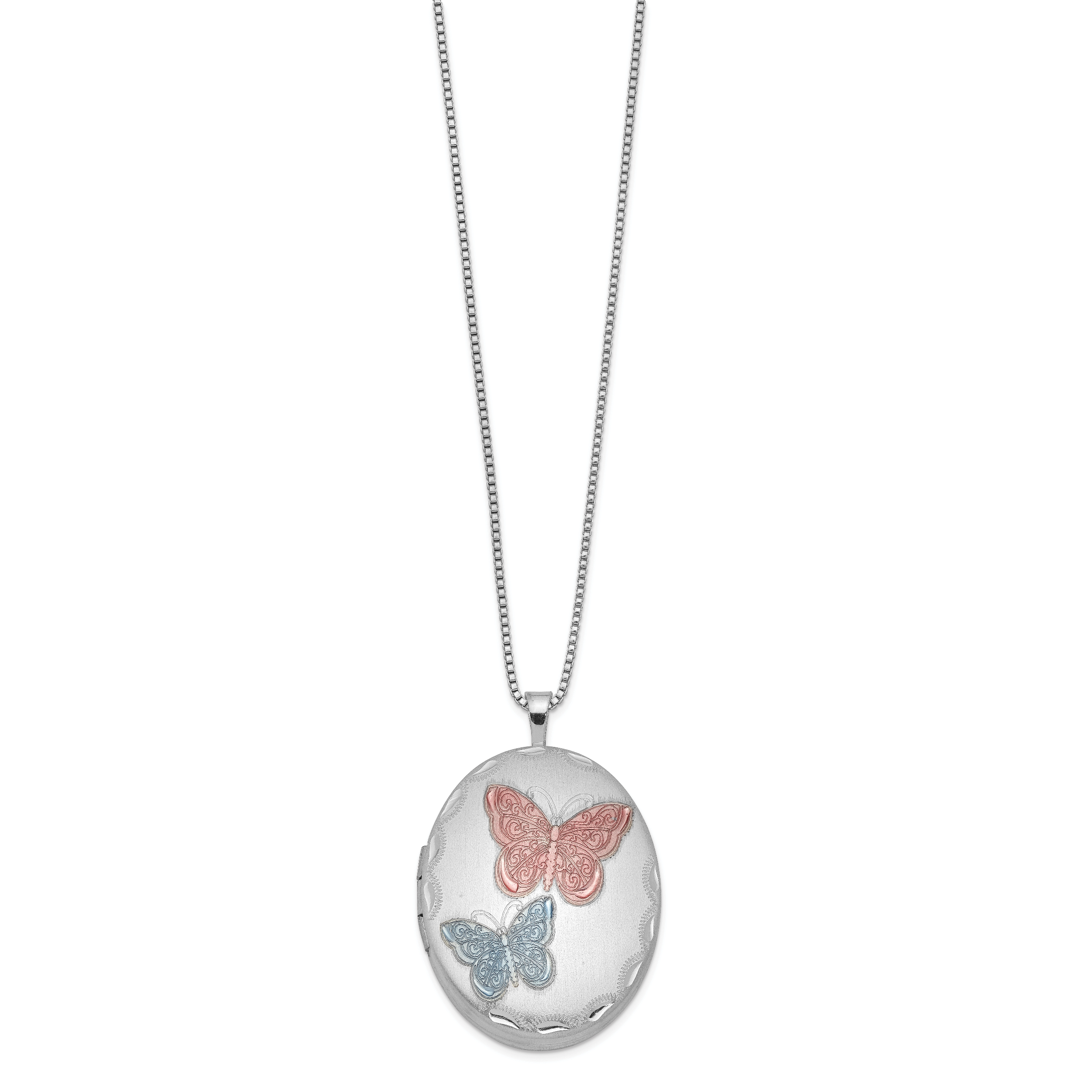 Sterling Silver RH-plated 26mm Enameled Butterfly Oval Locket Necklace Secondary image