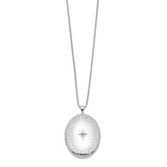 Sterling Silver Rhod-plated 26mm Circle Border Diamond Oval Locket Necklace - 18
