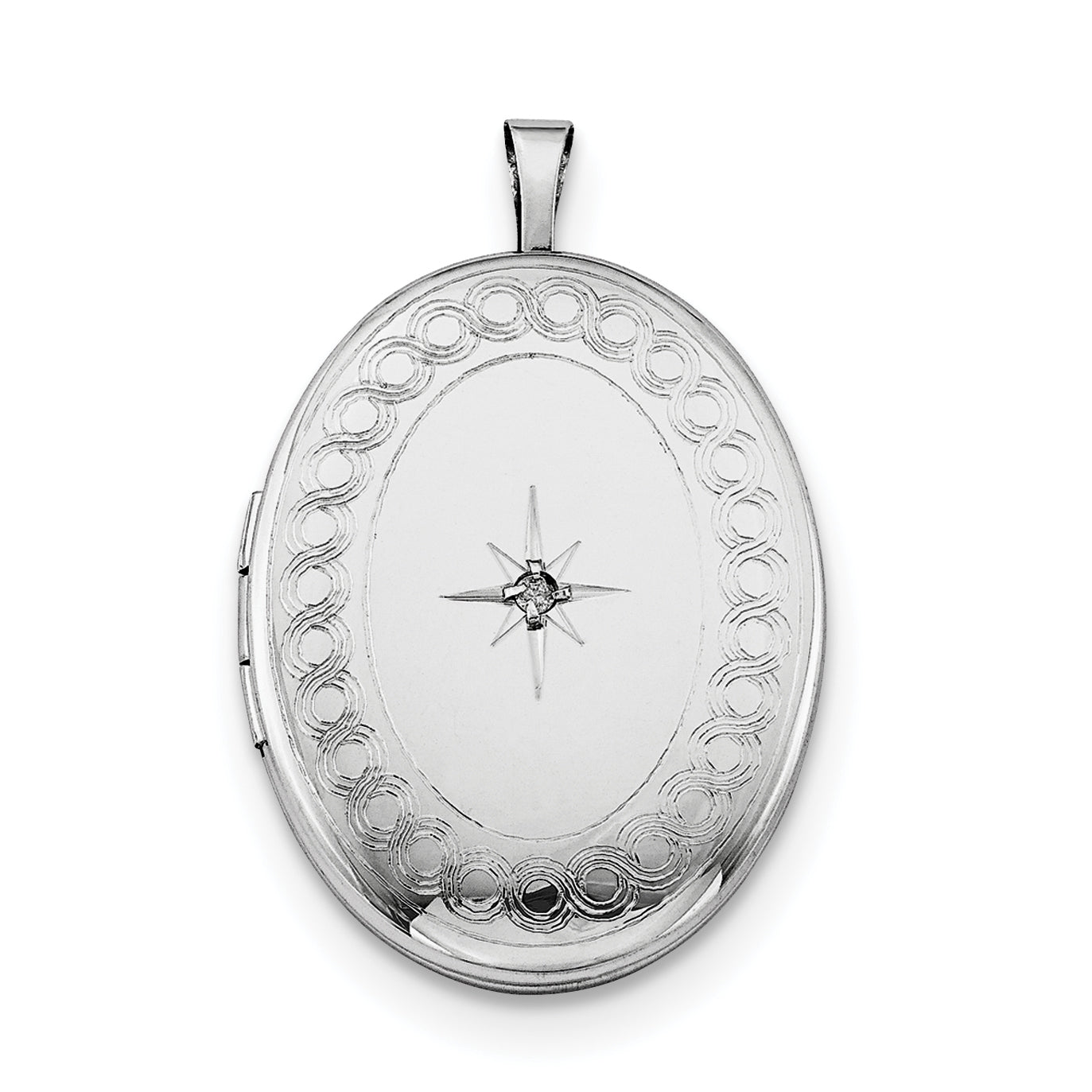 Sterling Silver Rhod-plated 26mm Circle Border Diamond Oval Locket Necklace - 18