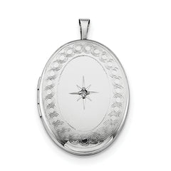 Sterling Silver Rhod-plated 26mm Circle Border Diamond Oval Locket Necklace - 18