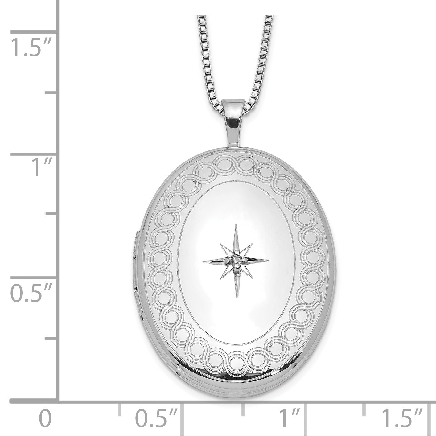 Sterling Silver Rhod-plated 26mm Circle Border Diamond Oval Locket Necklace - 18
