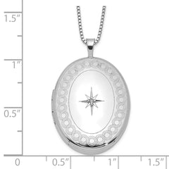 Sterling Silver Rhod-plated 26mm Circle Border Diamond Oval Locket Necklace - 18