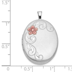 Sterling Silver Rhod-plated 26mm Satin Enameled Flower Scroll Oval Locket