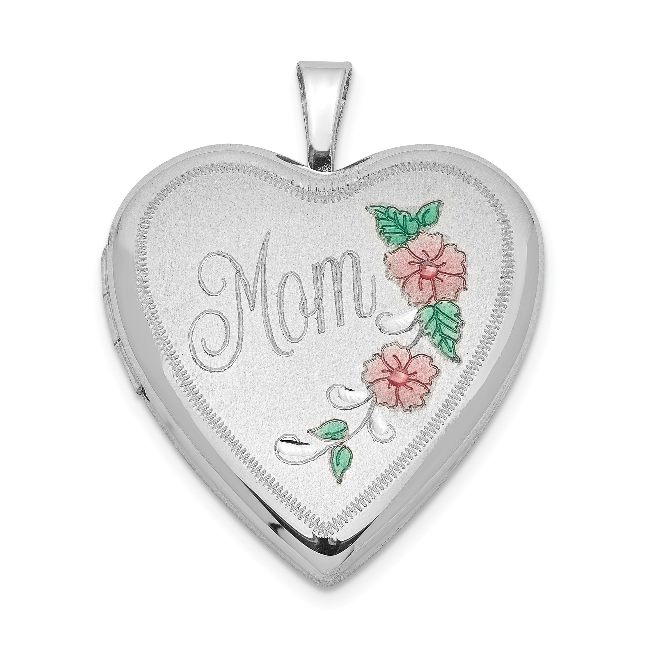 Sterling Silver Rhodium-plated 20mm Enameled Floral Mom Heart Locket Main image