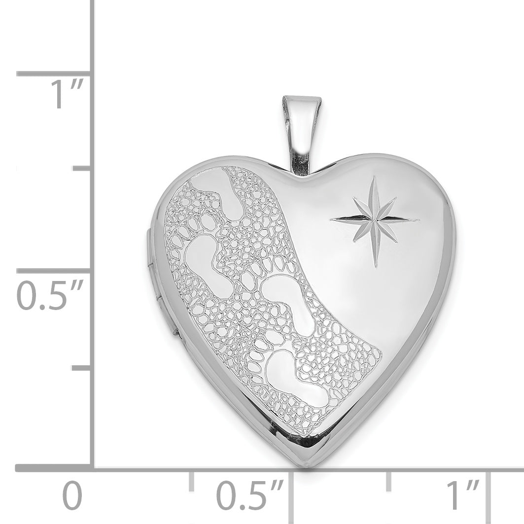 Sterling Silver Rhodium-plated 20mm Diamond Cut  Footprints Heart Locket