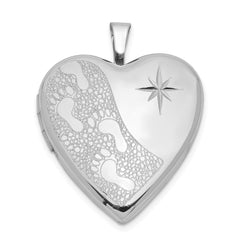 Sterling Silver Rhodium-plated 20mm D/C Footprints Heart Locket