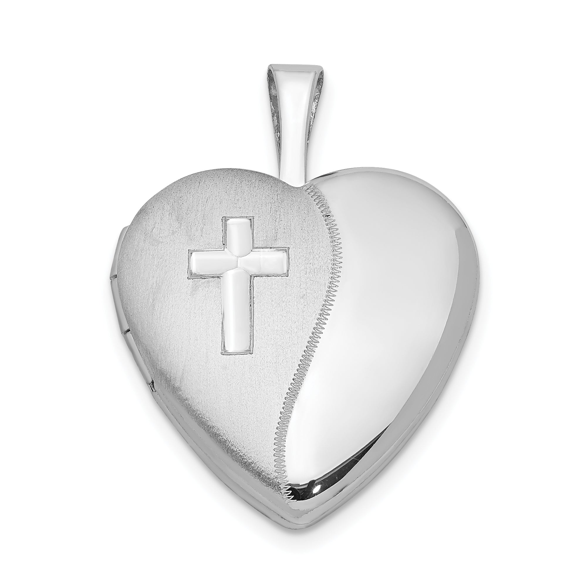 Sterling Silver Rhodium-plated 16mm Polished & Satin Cross Heart Locket Main image