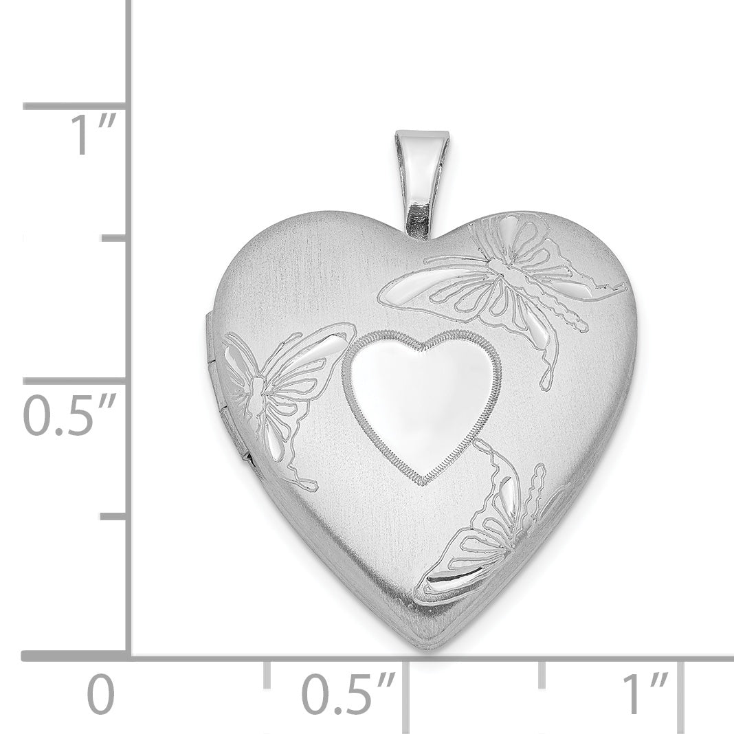 Sterling Silver Rhod-plated 20mm Satin/Polished D/C Butterfly Heart Locket