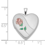 Sterling Silver Rhod-plated 20mm Satin, Enamel, Diamond Cut  Floral Heart Locket