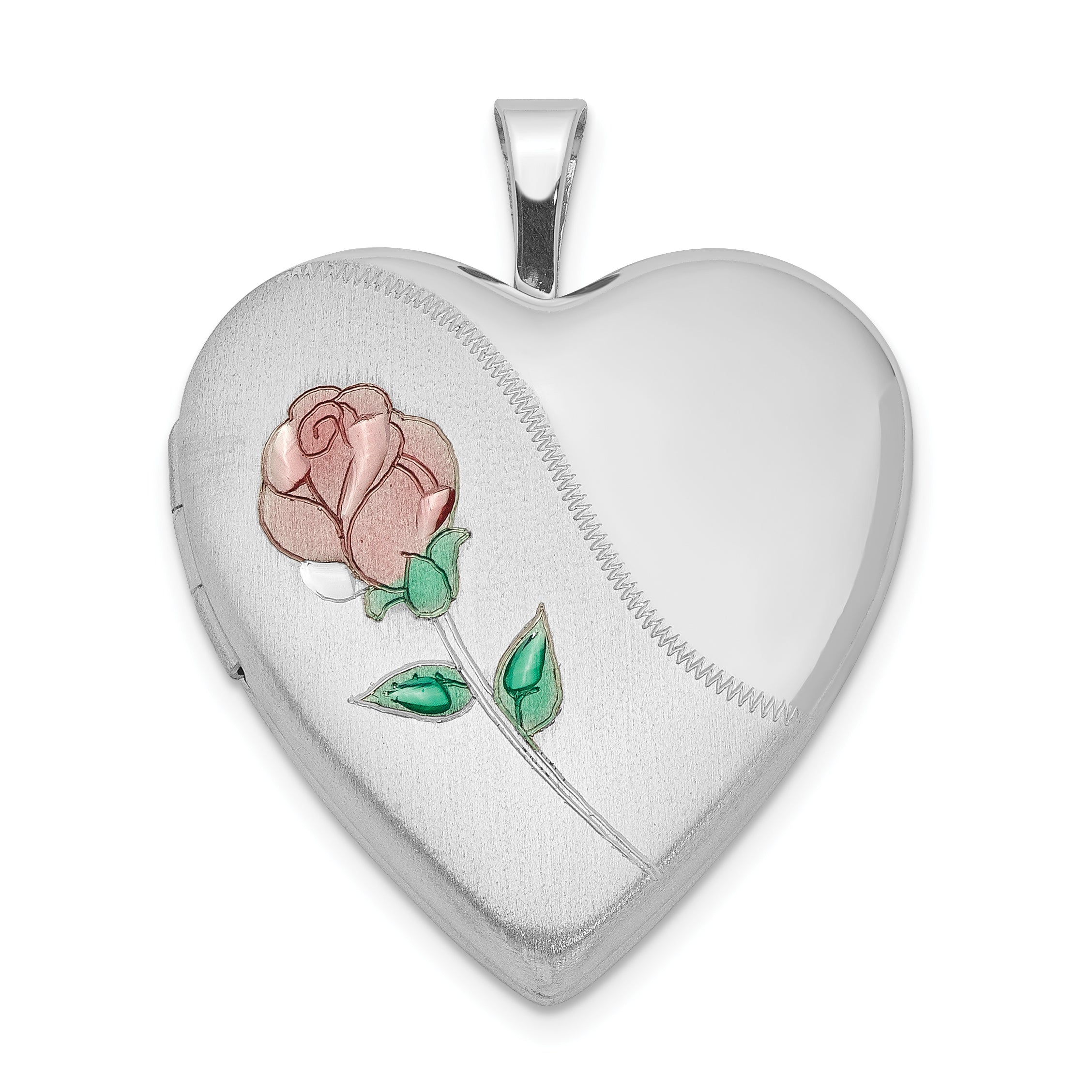Sterling Silver Rhod-plated 20mm Satin, Enamel, D/C Floral Heart Locket Main image
