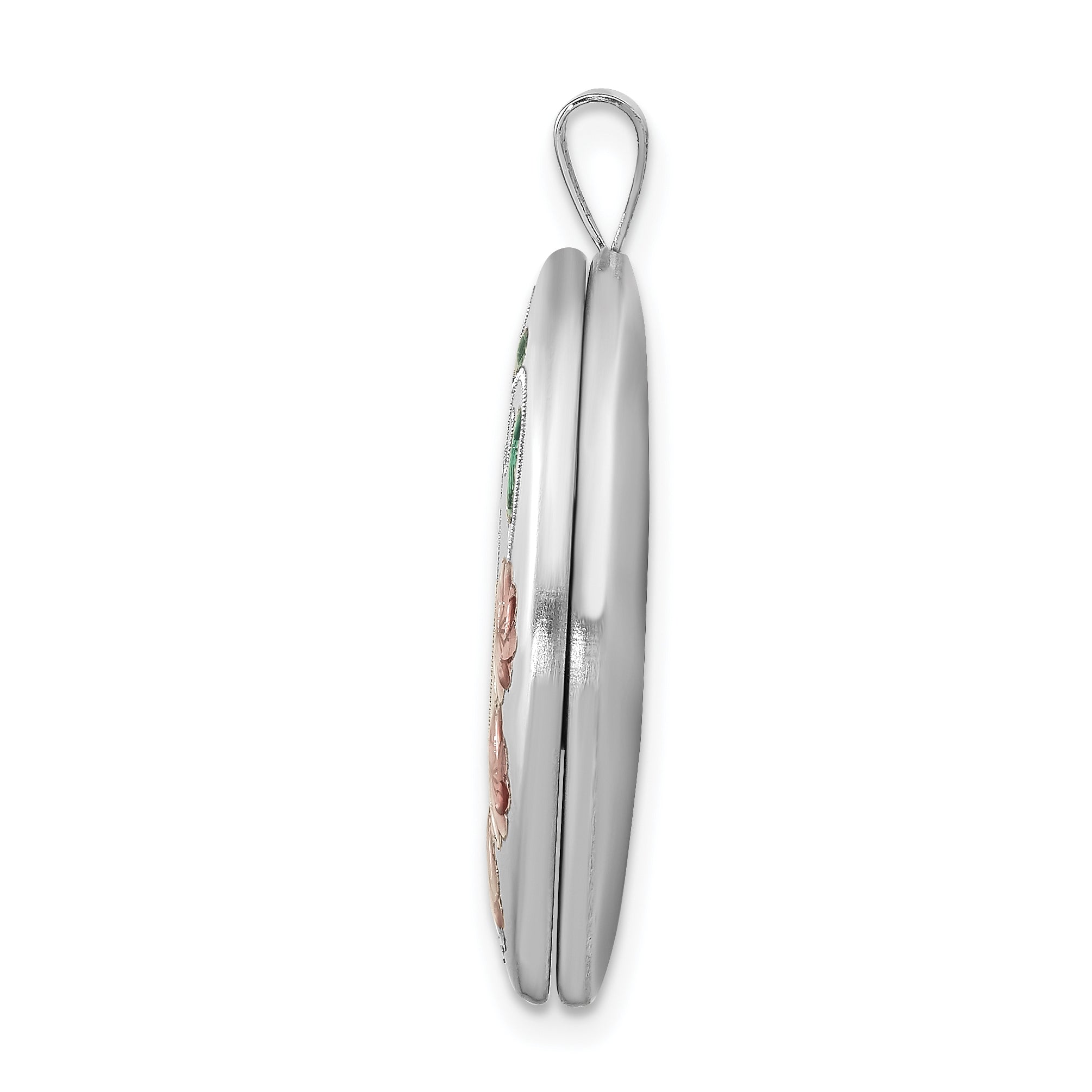 Sterling Silver Rhod-plated Satin Enamel & Diamond Cut  Floral & Heart Oval Locket Secondary image