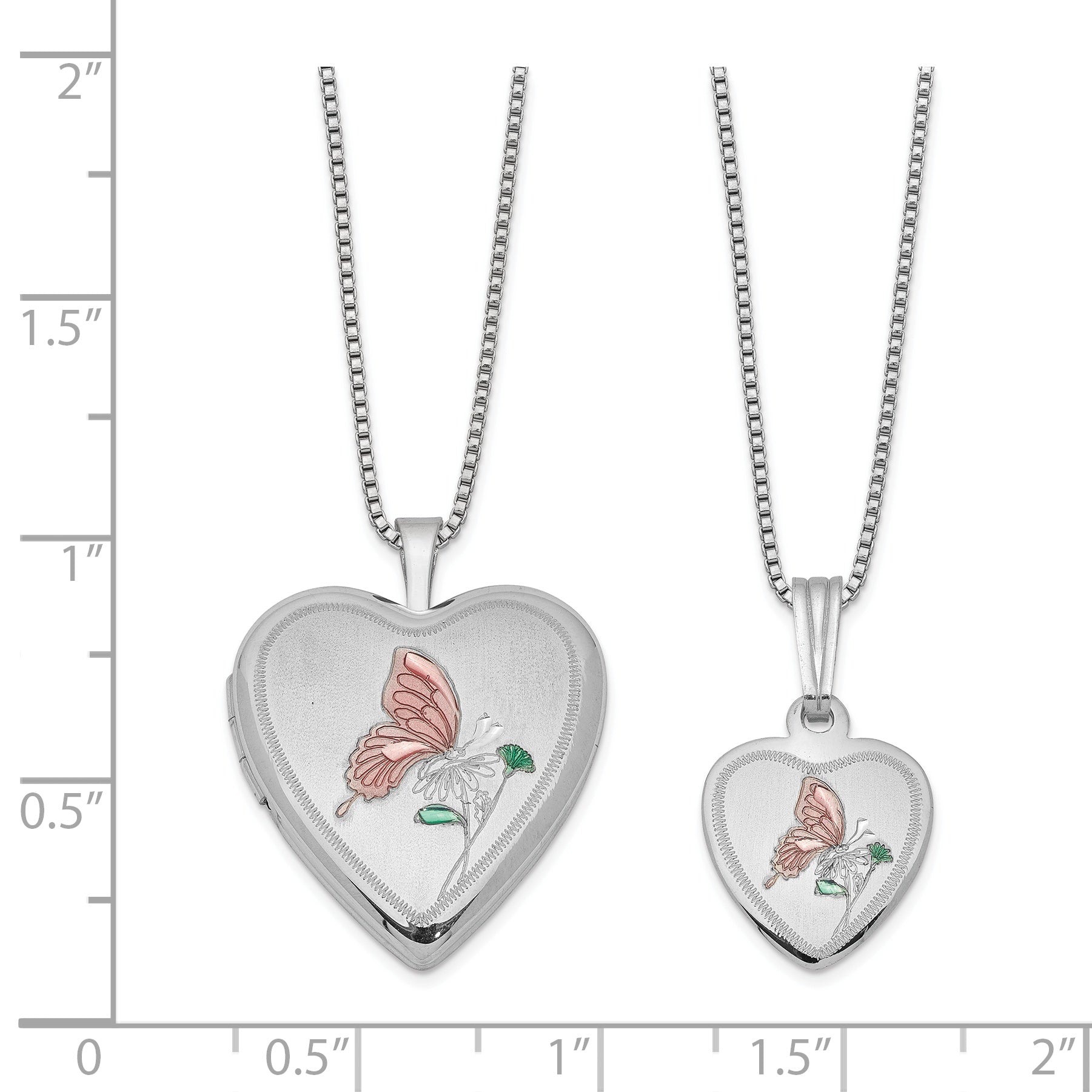 Sterling Silver Rhodium-plated Polished & Satin Enameled Butterfly Heart 18in Locket Necklace and 14in Pendant Necklace Set Secondary image