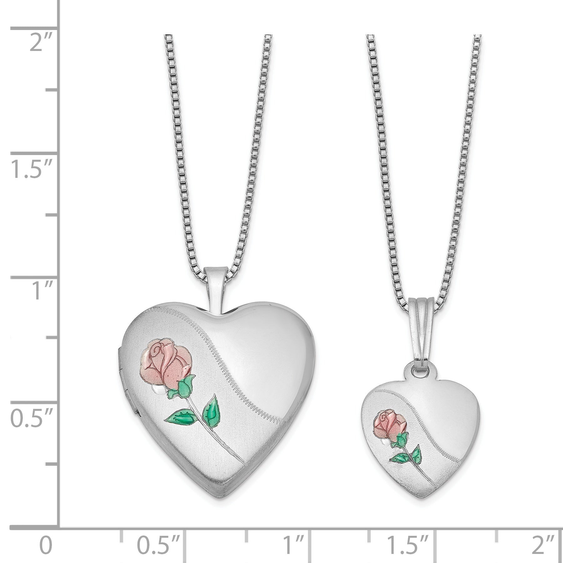 Sterling Silver Rhodium-plated Polished & Satin Enameled Rose Heart Mother & Daughter Locket & Pendant Necklace Set Secondary image