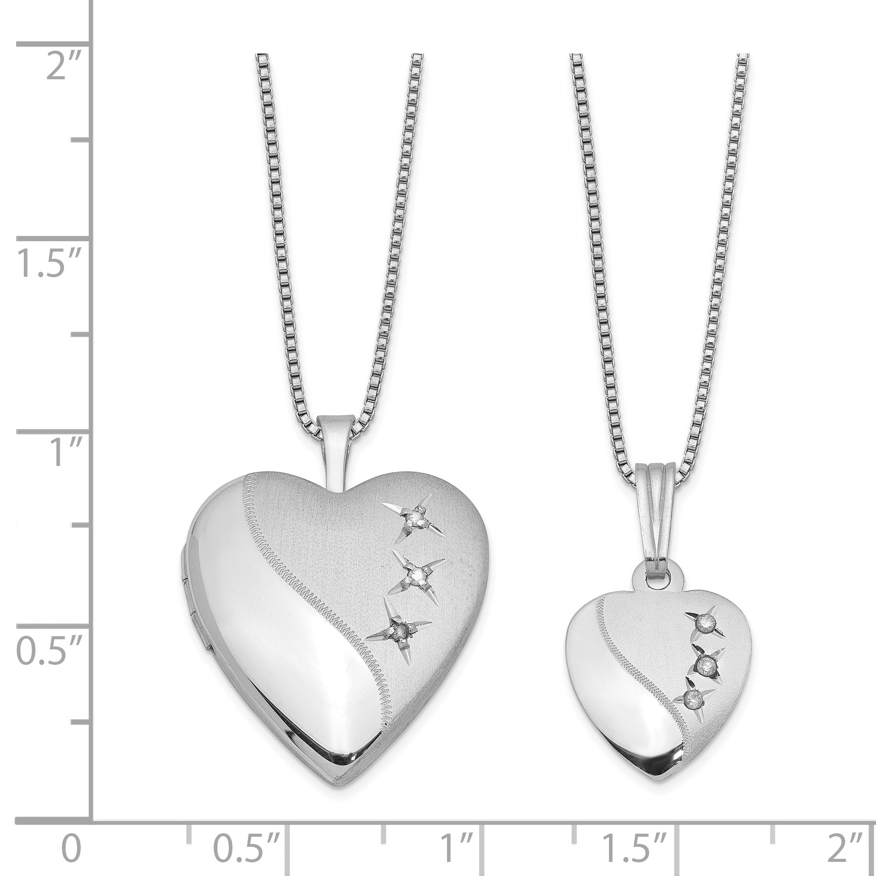 Sterling Silver Rhodium-plated Diamond Polished & Satin Heart 18in Locket Necklace & 14in Pendant Necklace Set