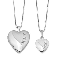 Sterling Silver Rhodium-plated Diamond Polished & Satin Heart 18in Locket Necklace & 14in Pendant Necklace Set