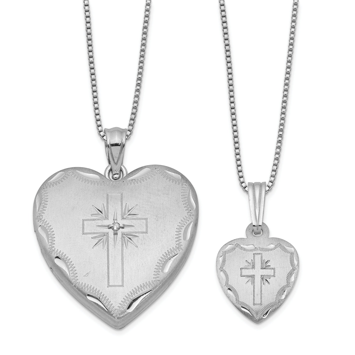 Sterling Silver Rhodium-plated Satin D/C 18in Diamond Cross Heart Locket Necklace & 14in Cross Heart Pendant Necklace Set
