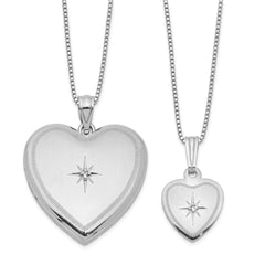 Sterling Silver RH-plated Diamond Pol/Satin Heart Locket & Pendant Set