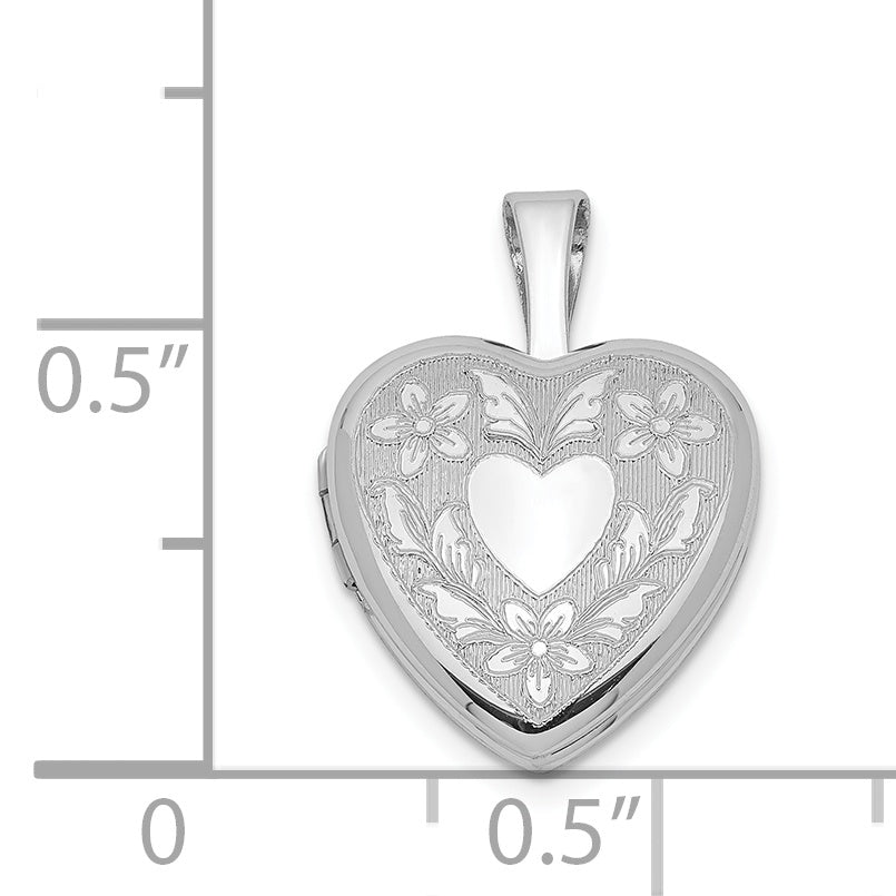 Sterling Silver Rhodium-plated Floral Heart Wings 12mm Heart Locket