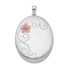 Sterling Silver Rhodium-plated Satin & Enameled Floral 34mm Oval Locket