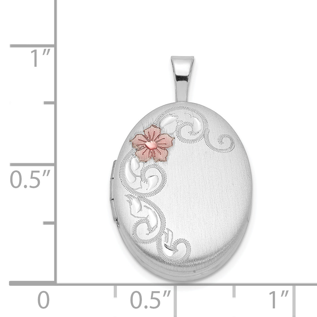 Sterling Silver Rhodium-plated Enamel Floral 19mm Oval Locket