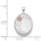 Sterling Silver Rhodium-plated Enamel Floral 19mm Oval Locket