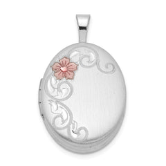 Sterling Silver Rhodium-plated Enamel Floral 19mm Oval Locket